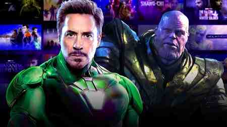 Robert Downey Jr. as Iron Man alongside Thanos.