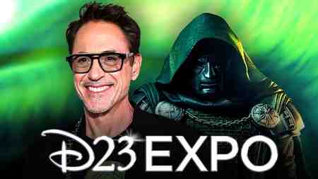 Robert Downey Jr as the MCU's Doctor Doom alongside D23 logo.