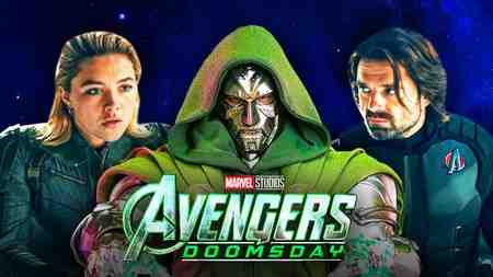 Bucky Barnes, Yelena Belova, and Doctor Doom; Avengers: Doomsday logo.