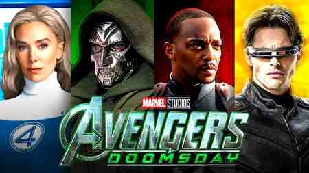 Sue Storm, Doctor Doom, Captain America, Cyclops, Avengers: Doomsday logo.