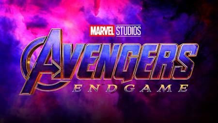'Avengers: Endgame' logo with pink and blue background.