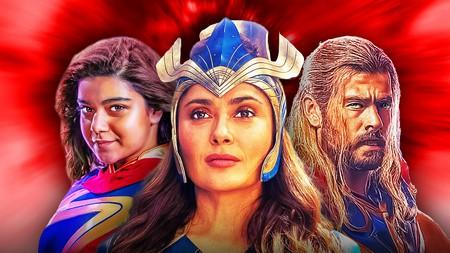 Ms. Marvel, Ajak from Eternals, and Thor with a red cosmic background.