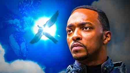 Headshot of Anthony Mackie's Falcon and his silhouette flying in the air.