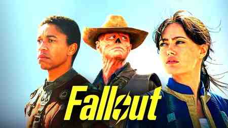 Fallout show main characters Maximus, ghoul, and Lucy and Fallout logo