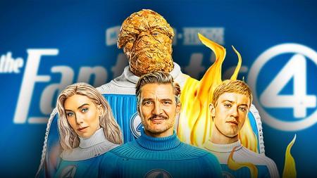 Sue Storm, Reed Richards, The Thing, and Johnny Storm from Fantastic Four: First Steps; F4 logo