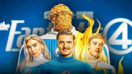 Sue Storm, Reed Richards, The Thing, and Johnny Storm from Fantastic Four: First Steps; F4 logo