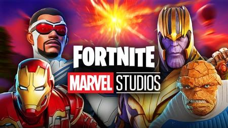 Fortnite and Marvel Studios logos - Captain America, Iron Man, Thanos, The Thing
