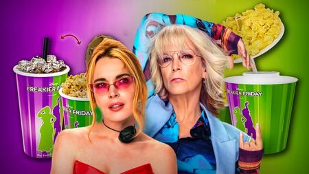 Freakier Friday popcorn buckets and merch; Lindsay Lohan and Jamie Lee Curtis