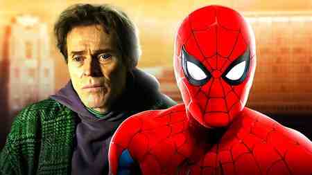 Willem Dafoe as Norman Osborn and Spider-Man in Spider-Man: No Way Home with a city backdrop.