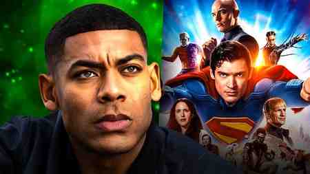 Aaron Pierre as Green Lantern with DCU Superman poster.