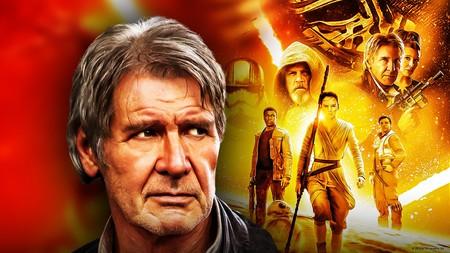 Harrison Ford as Han Solo with the cast of Force Awakens next to him