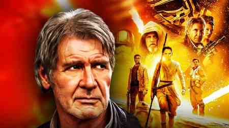 Harrison Ford as Han Solo with the cast of Force Awakens next to him