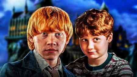Rupert Grint as Ron Weasley, Alastair Stout as Ron Weasley in front of Hogwarts.