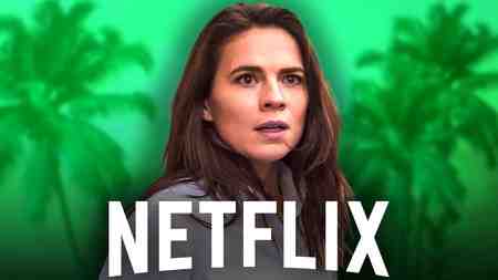 Hayley Atwell, white Netflix text logo, faded green background with palm trees.