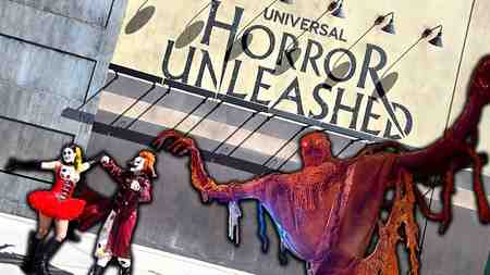 Universal Horror Unleashed warehouse logo with Jack and Chance and a spooky scarecrow figure.