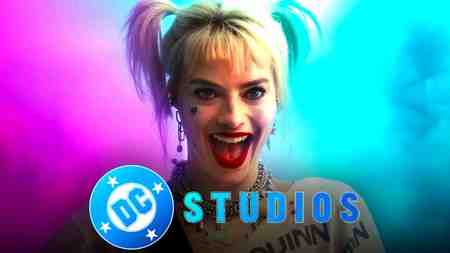 Margot Robbie's Harley Quinn behind the DC Studios logo.