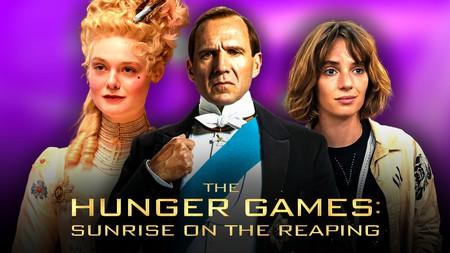 Elle Fanning, Ralph Fiennes, and Maya Hawke; Hunger Games: Sunrise on the Reaping logo