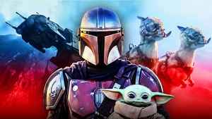 The Mandalorian and Grogu with AT-AT and Tauntauns in background.