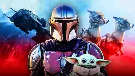 The Mandalorian and Grogu with AT-AT and Tauntauns in background.