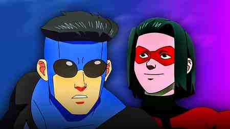 Mark Grayson and Oliver in costume in front of a blue and purple background.