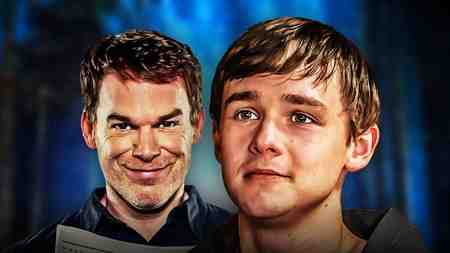 Jack Alcott as Harrison Morgan, Michael C Hall as Dexter Morgan.