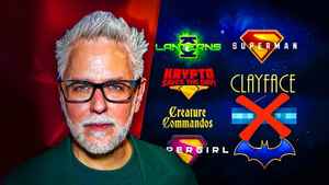 James Gunn's face, logos for DC movies and shows
