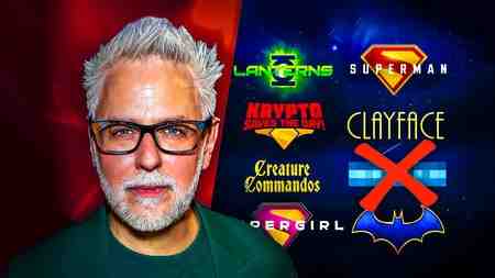 James Gunn's face, logos for DC movies and shows