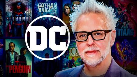 James Gunn, DC logo, superhero shows in background