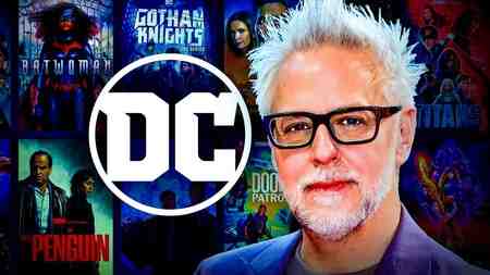 James Gunn, DC logo, DC TV posters in backgorund