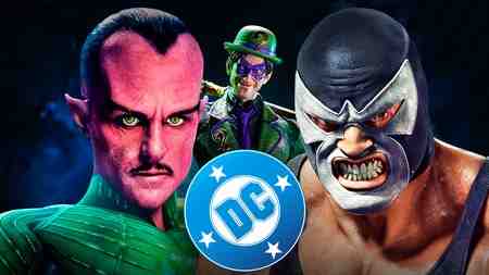 DC logo, DC villains Sinestro, Bane, Riddler