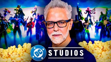 James Gunn, DCU heroes, DC Studios logo, popcorn in background