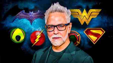 James Gunn in front of DC superhero logos