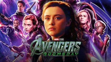 Kathryn Newton as Cassie Lang alongside numerous MCU characters; Avengers: Doomsday logo.