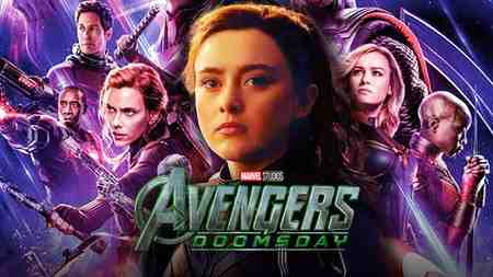 Kathryn Newton as Cassie Lang alongside numerous MCU characters; Avengers: Doomsday logo.