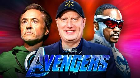 Robert Downey Jr, Kevin Feige, and Anthony Mackie with the Avengers: Doomsday logo.