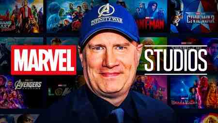 Kevin Feige, Marvel Studios logo, MCU movie posters in background