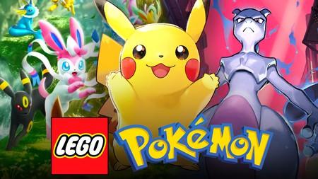 Eeveelutions, Pikachu, Mewtwo, LEGO logo, Pokemon logo.