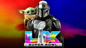 Mandalorian and Grogu with the Super Bowl LX logo.