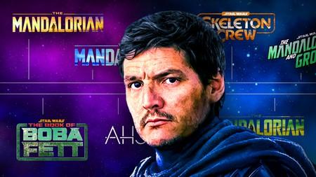 The Mandalorian, Mandoverse timeline logos for Boba Fett, Ahsoka, The Mandalorian, Skeleton Crew