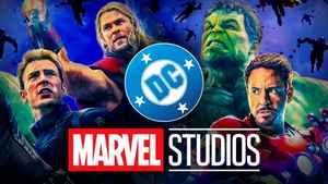 Marvel Studios and DC logos, Avengers heroes Captain America, Thor, Hulk, Iron Man