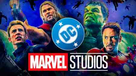 Marvel Studios and DC logos, Avengers heroes Captain America, Thor, Hulk, Iron Man