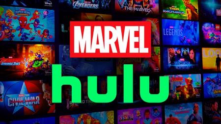 Marvel and Hulu logos with Marvel poster tiles