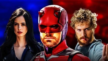 Daredevil standing between Jessica Jones and Iron Fist.
