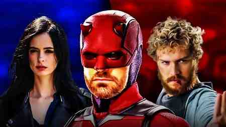 Daredevil standing between Jessica Jones and Iron Fist.