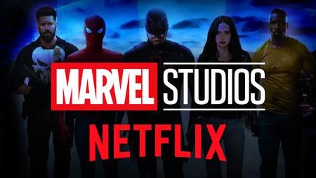 Marvel Studios and netflix logos, MCU heroes silhouettes
