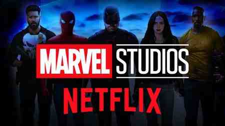 Marvel Studios and netflix logos, MCU heroes silhouettes