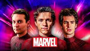 Tobey Maguire, Tom Holland, Andrew Garfield as Spider-Man; Marvel Studios Logo.
