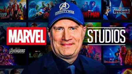 Marvel Studios logo, MCU movie posters in background, Kevin Feige