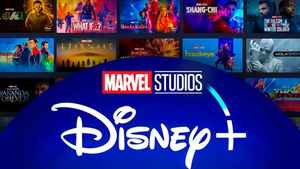 Marvel Studios and Disney Plus characters Wanda Maximoff, Falcon, Loki, Cyclops and logos