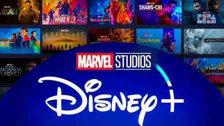 Marvel Studios and Disney Plus characters Wanda Maximoff, Falcon, Loki, Cyclops and logos